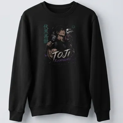 Dark anime print featuring Toji Fushiguro with intricate colors and text. — printed on a unisex sweatshirt