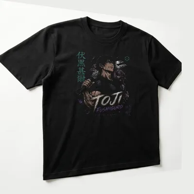 Dark anime print featuring Toji Fushiguro with intricate colors and text. — printed on a unisex t-shirt (angled view)