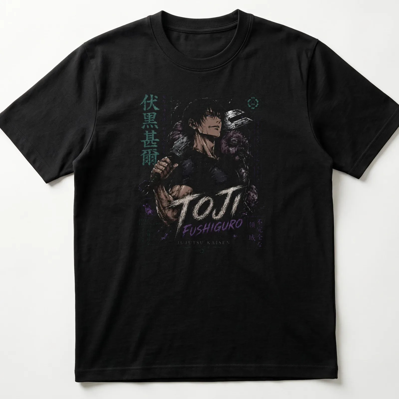 Dark anime print featuring Toji Fushiguro with intricate colors and text. — printed on a unisex t-shirt