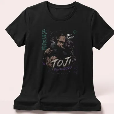 Dark anime print featuring Toji Fushiguro with intricate colors and text. — printed on a women's shirt