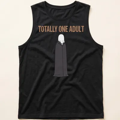 Cartoon ghost in trench coat with text, humorously labeled as an adult. — printed on a tank top
