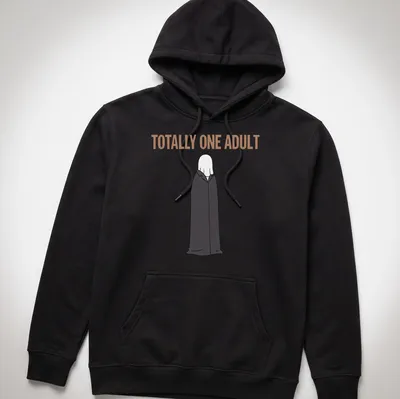 Cartoon ghost in trench coat with text, humorously labeled as an adult. — printed on a unisex hoodie