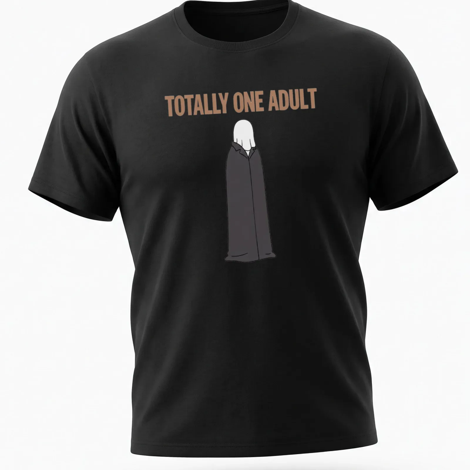 Cartoon ghost in trench coat with text, humorously labeled as an adult. — printed on a unisex t-shirt