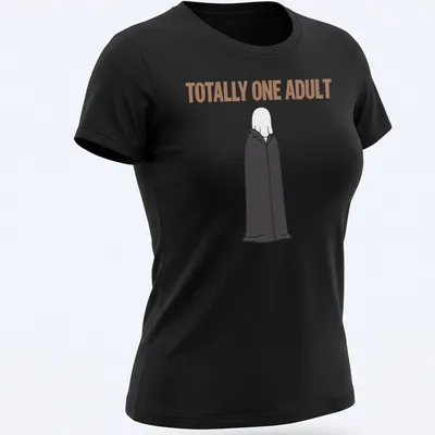Cartoon ghost in trench coat with text, humorously labeled as an adult. — printed on a women's shirt