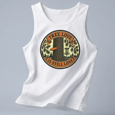 Vintage badge graphic featuring a tree and the text 'Tree Love Is Still Love' in brown, green, orange, and cream — printed on a tank top