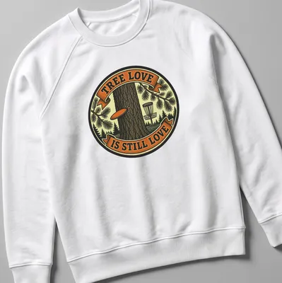 Vintage badge graphic featuring a tree and the text 'Tree Love Is Still Love' in brown, green, orange, and cream — printed on a unisex sweatshirt