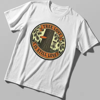 Vintage badge graphic featuring a tree and the text 'Tree Love Is Still Love' in brown, green, orange, and cream