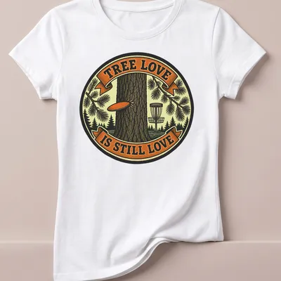 Vintage badge graphic featuring a tree and the text 'Tree Love Is Still Love' in brown, green, orange, and cream — printed on a women's shirt