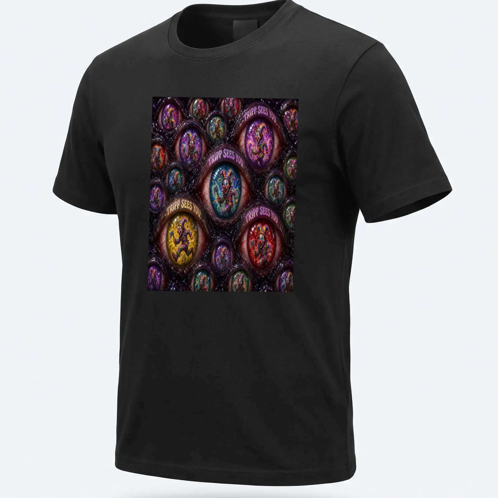 Psychedelic clown graphic with the text 'TRIPP SEES YOU' in vibrant colors — printed on a unisex t-shirt