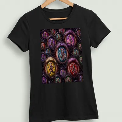 Psychedelic clown graphic with the text 'TRIPP SEES YOU' in vibrant colors — printed on a women's shirt