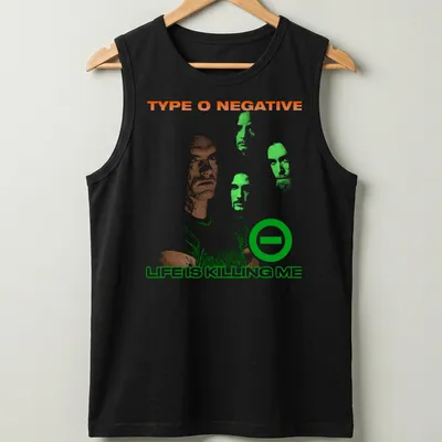 Distressed Type O Negative t-shirt featuring a man with multiple faces and bold text — printed on a tank top