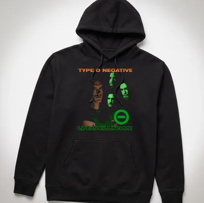 Distressed Type O Negative t-shirt featuring a man with multiple faces and bold text — printed on a unisex hoodie