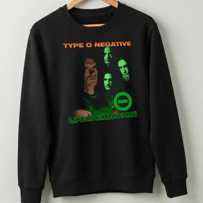 Distressed Type O Negative t-shirt featuring a man with multiple faces and bold text — printed on a unisex sweatshirt