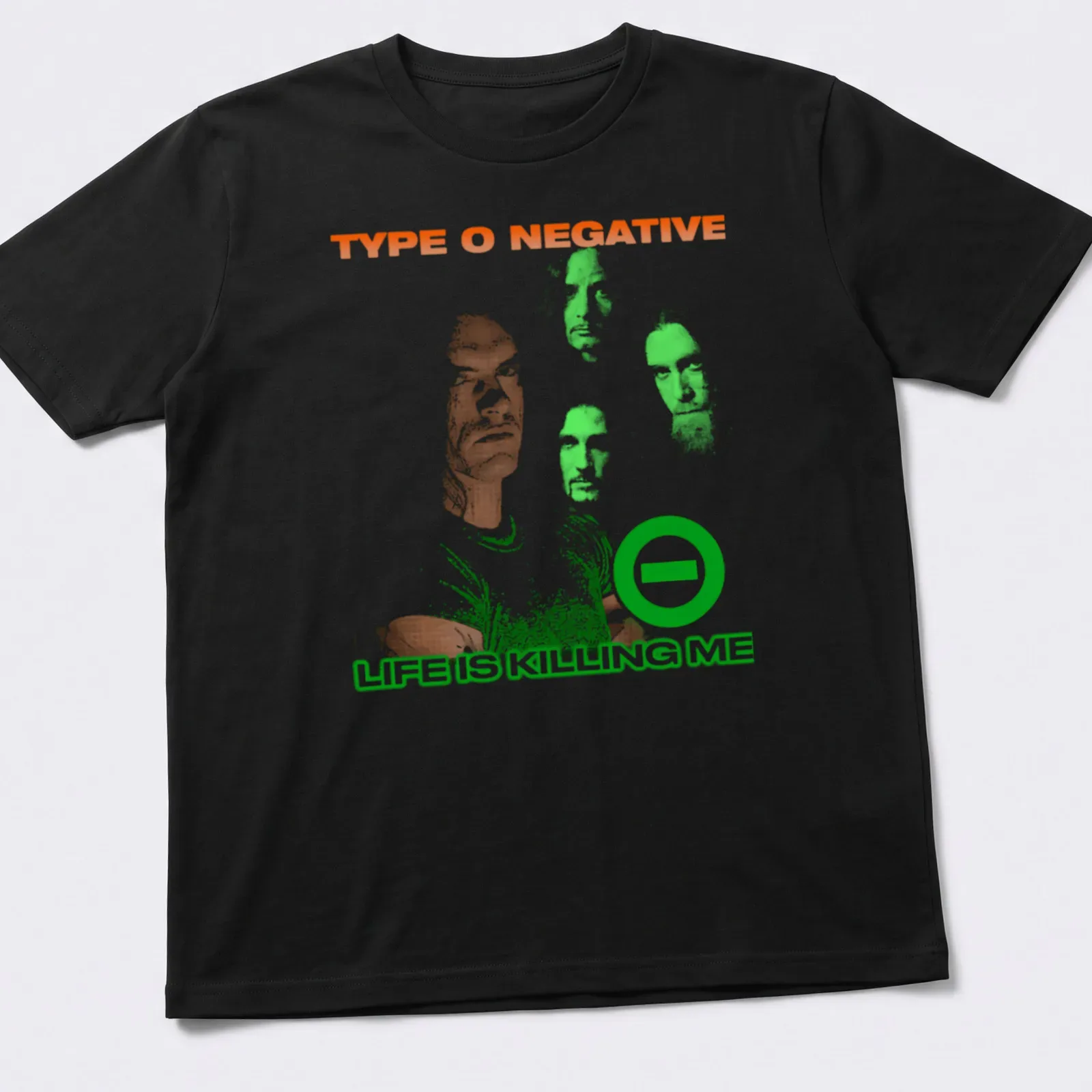 Distressed Type O Negative t-shirt featuring a man with multiple faces and bold text — printed on a unisex t-shirt