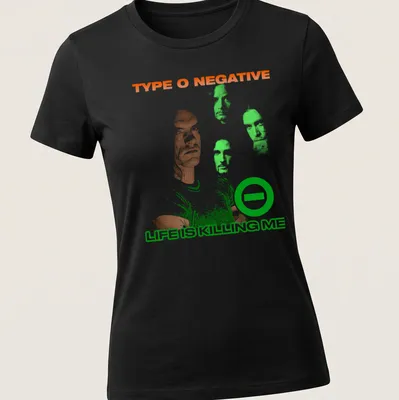 Distressed Type O Negative t-shirt featuring a man with multiple faces and bold text — printed on a women's shirt