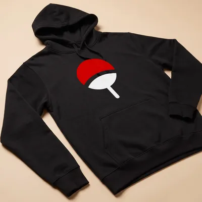 Simple flat design featuring the Uchiha Clan logo in red and white — printed on a unisex hoodie