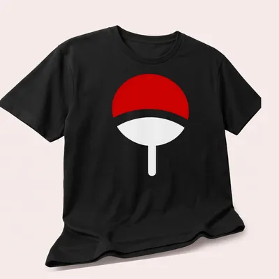 Simple flat design featuring the Uchiha Clan logo in red and white — printed on a unisex t-shirt (angled view)