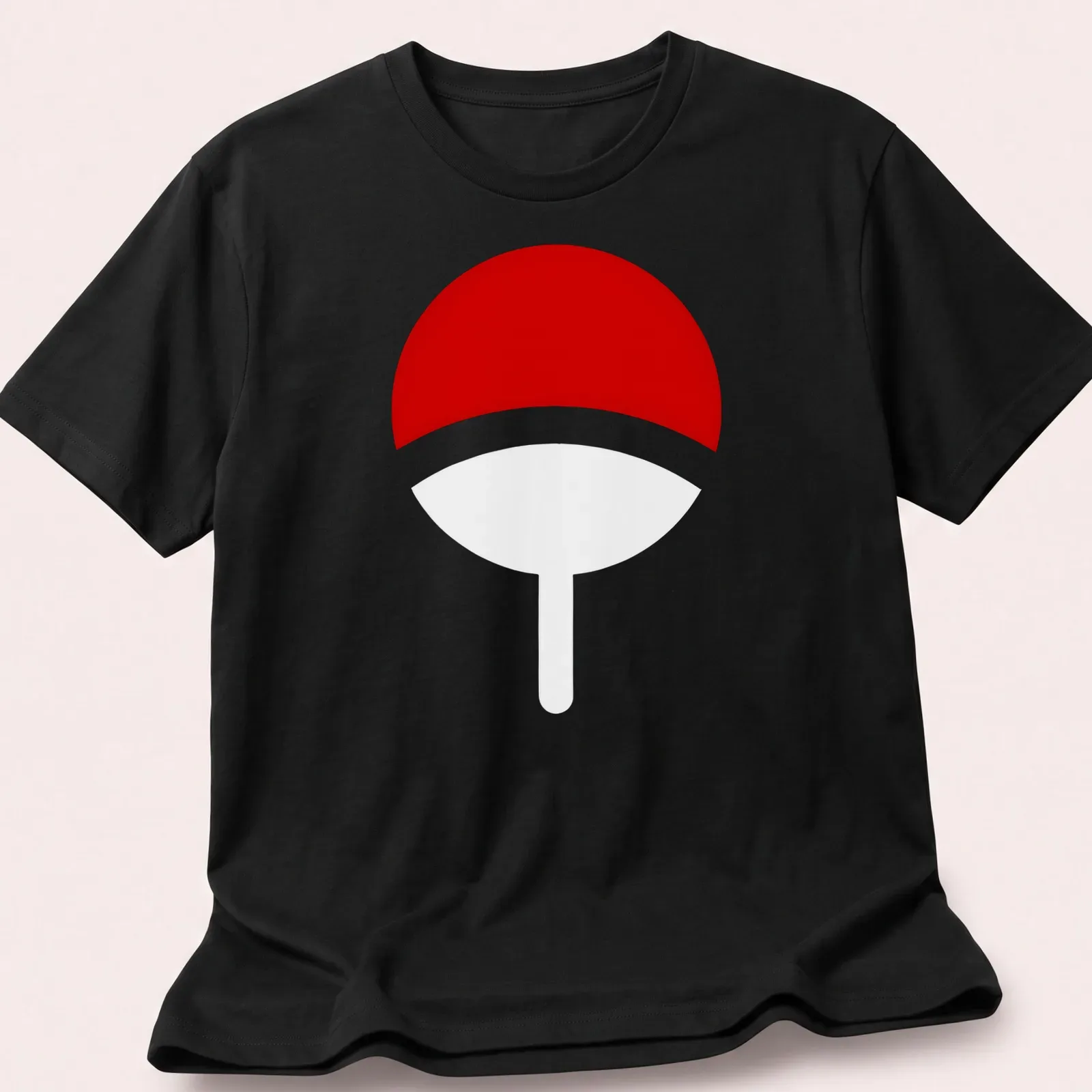 Simple flat design featuring the Uchiha Clan logo in red and white — printed on a unisex t-shirt