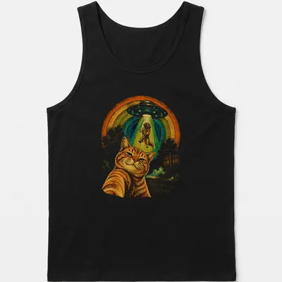 Retro print of an orange tabby cat taking a selfie with alien motifs — printed on a tank top