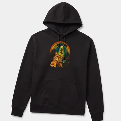 Retro print of an orange tabby cat taking a selfie with alien motifs — printed on a unisex hoodie