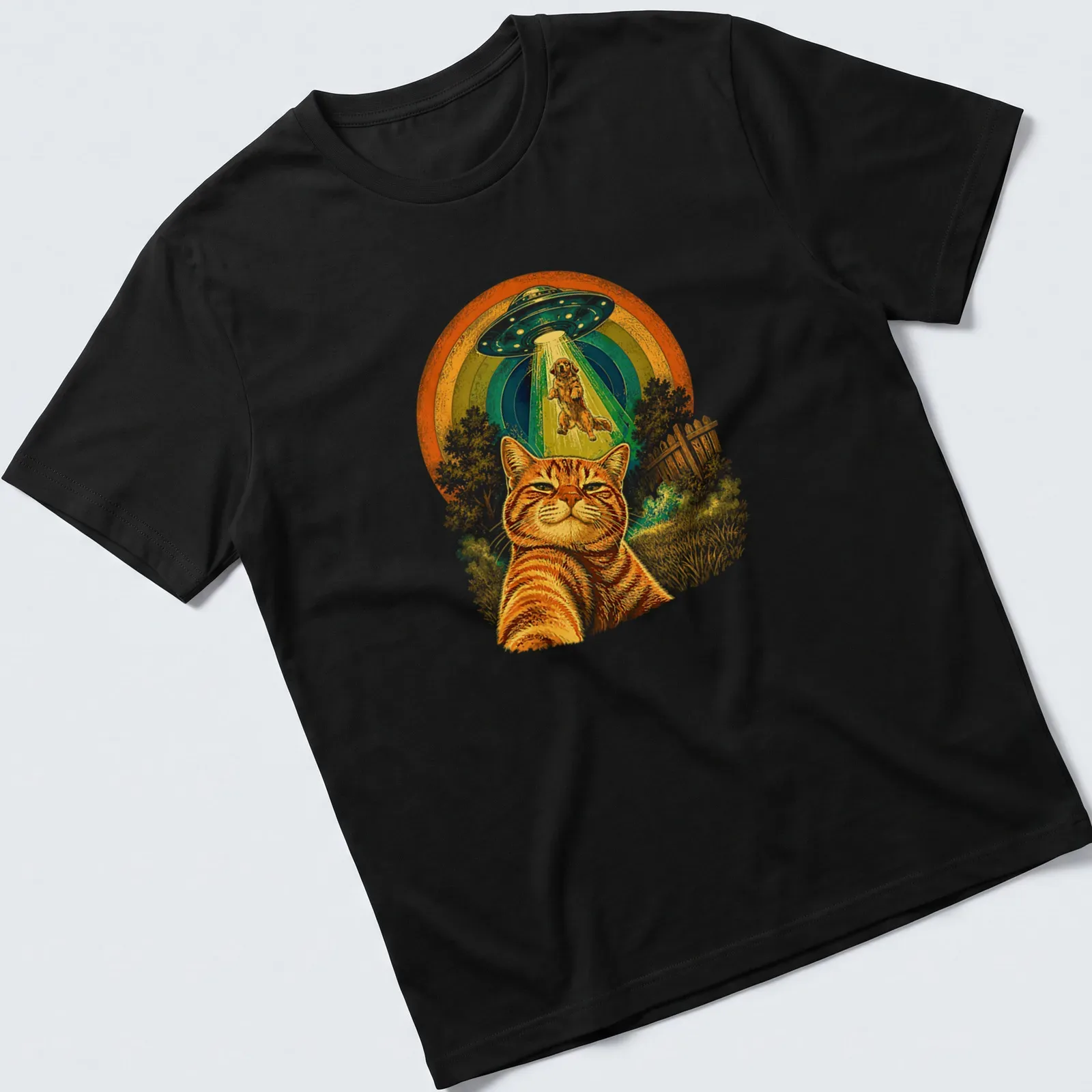 Retro print of an orange tabby cat taking a selfie with alien motifs — printed on a unisex t-shirt