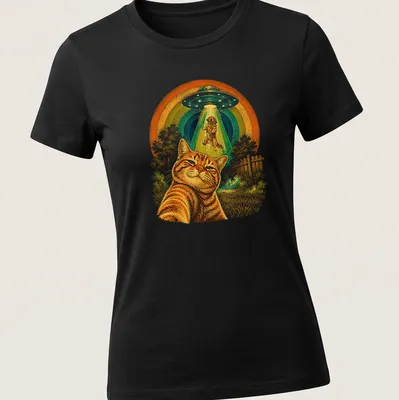 Retro print of an orange tabby cat taking a selfie with alien motifs — printed on a women's shirt