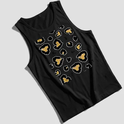 Abstract leopard heart spots in gold, black, and white on a T-shirt. — printed on a tank top