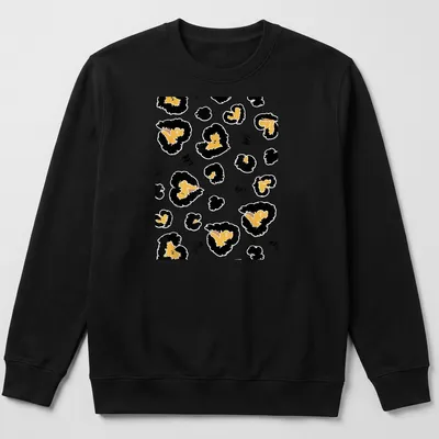 Abstract leopard heart spots in gold, black, and white on a T-shirt. — printed on a unisex sweatshirt