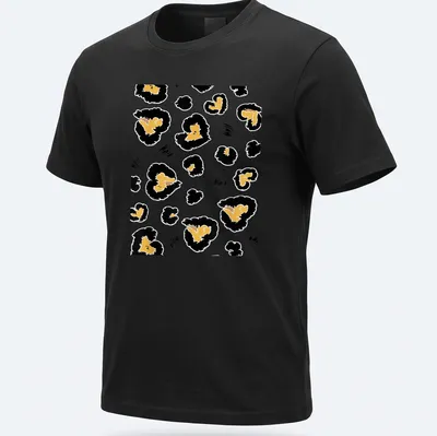Abstract leopard heart spots in gold, black, and white on a T-shirt. — printed on a unisex t-shirt