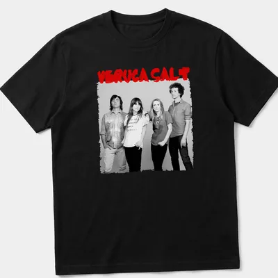Black and white portrait of Veruca Salt with red accents on a — printed on a unisex t-shirt