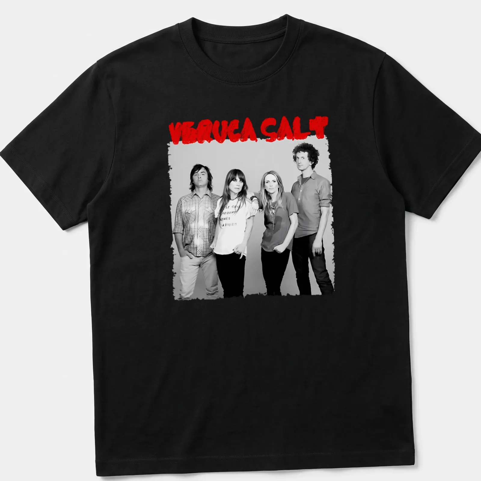 Black and white portrait of Veruca Salt with red accents on a — printed on a unisex t-shirt
