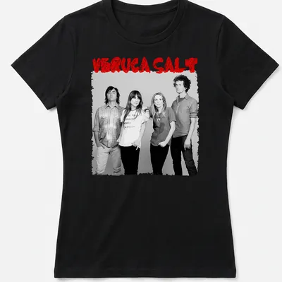Black and white portrait of Veruca Salt with red accents on a — printed on a women's shirt