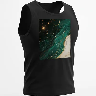 Emerald constellation star map illustrated on a black T-shirt with gold and white accents — printed on a tank top