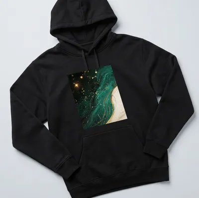Emerald constellation star map illustrated on a black T-shirt with gold and white accents — printed on a unisex hoodie