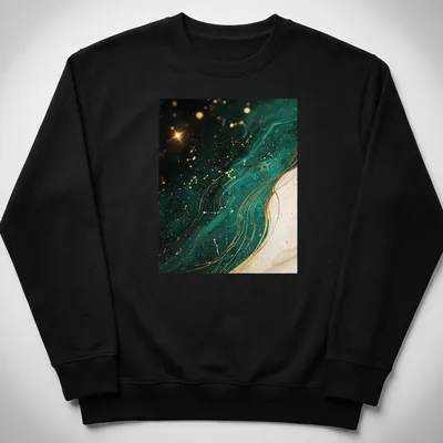 Emerald constellation star map illustrated on a black T-shirt with gold and white accents — printed on a unisex sweatshirt
