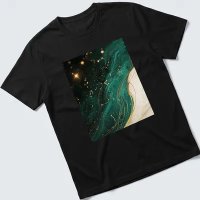 Emerald constellation star map illustrated on a black T-shirt with gold and white accents