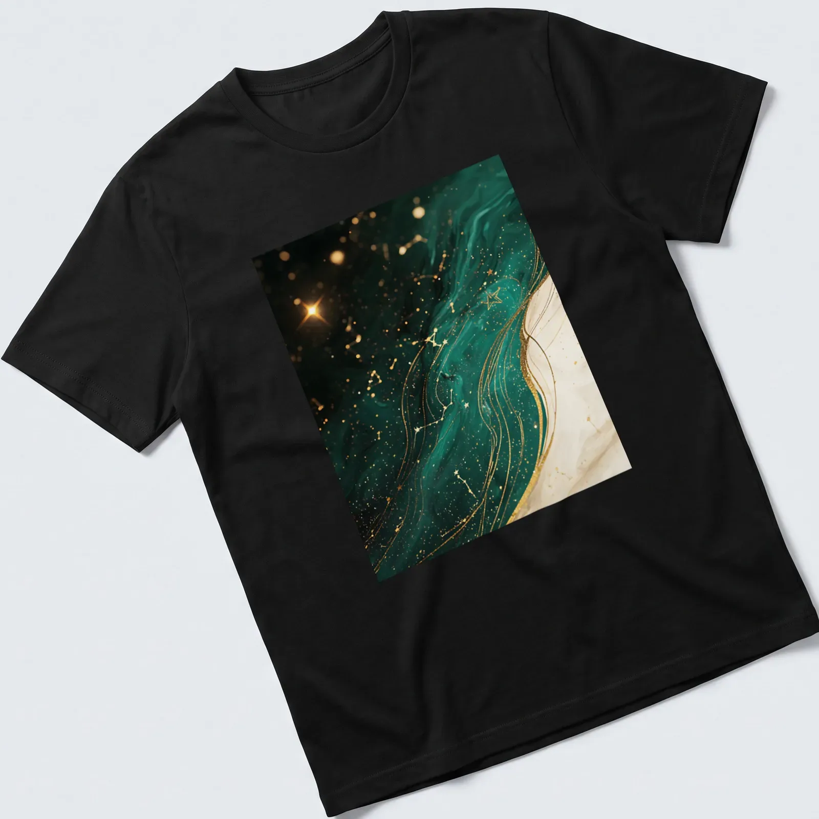 Emerald constellation star map illustrated on a black T-shirt with gold and white accents — printed on a unisex t-shirt