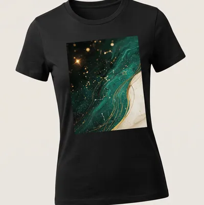 Emerald constellation star map illustrated on a black T-shirt with gold and white accents — printed on a women's shirt