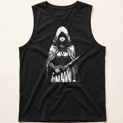 Detailed line art of a fantasy character with a sword on a black and white — printed on a tank top
