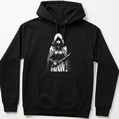 Detailed line art of a fantasy character with a sword on a black and white — printed on a unisex hoodie