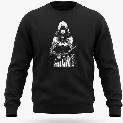 Detailed line art of a fantasy character with a sword on a black and white — printed on a unisex sweatshirt