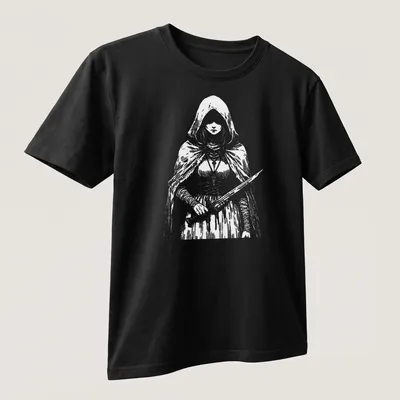 Detailed line art of a fantasy character with a sword on a black and white — printed on a unisex t-shirt (angled view)