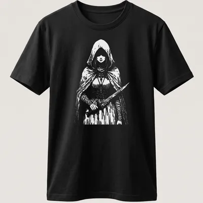 Detailed line art of a fantasy character with a sword on a black and white shirt