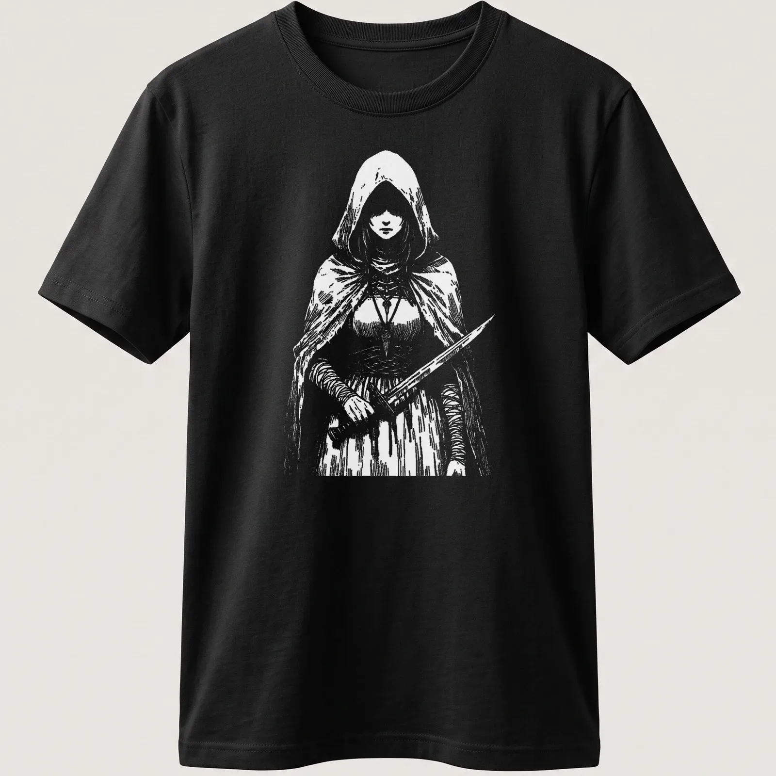 Detailed line art of a fantasy character with a sword on a black and white — printed on a unisex t-shirt