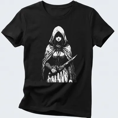 Detailed line art of a fantasy character with a sword on a black and white — printed on a women's shirt