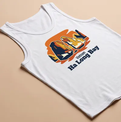 Retro print of limestone islands with bold text for Vietnam Ha Long Bay — printed on a tank top