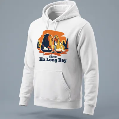 Retro print of limestone islands with bold text for Vietnam Ha Long Bay — printed on a unisex hoodie