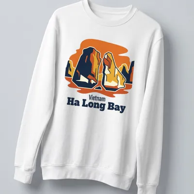 Retro print of limestone islands with bold text for Vietnam Ha Long Bay — printed on a unisex sweatshirt