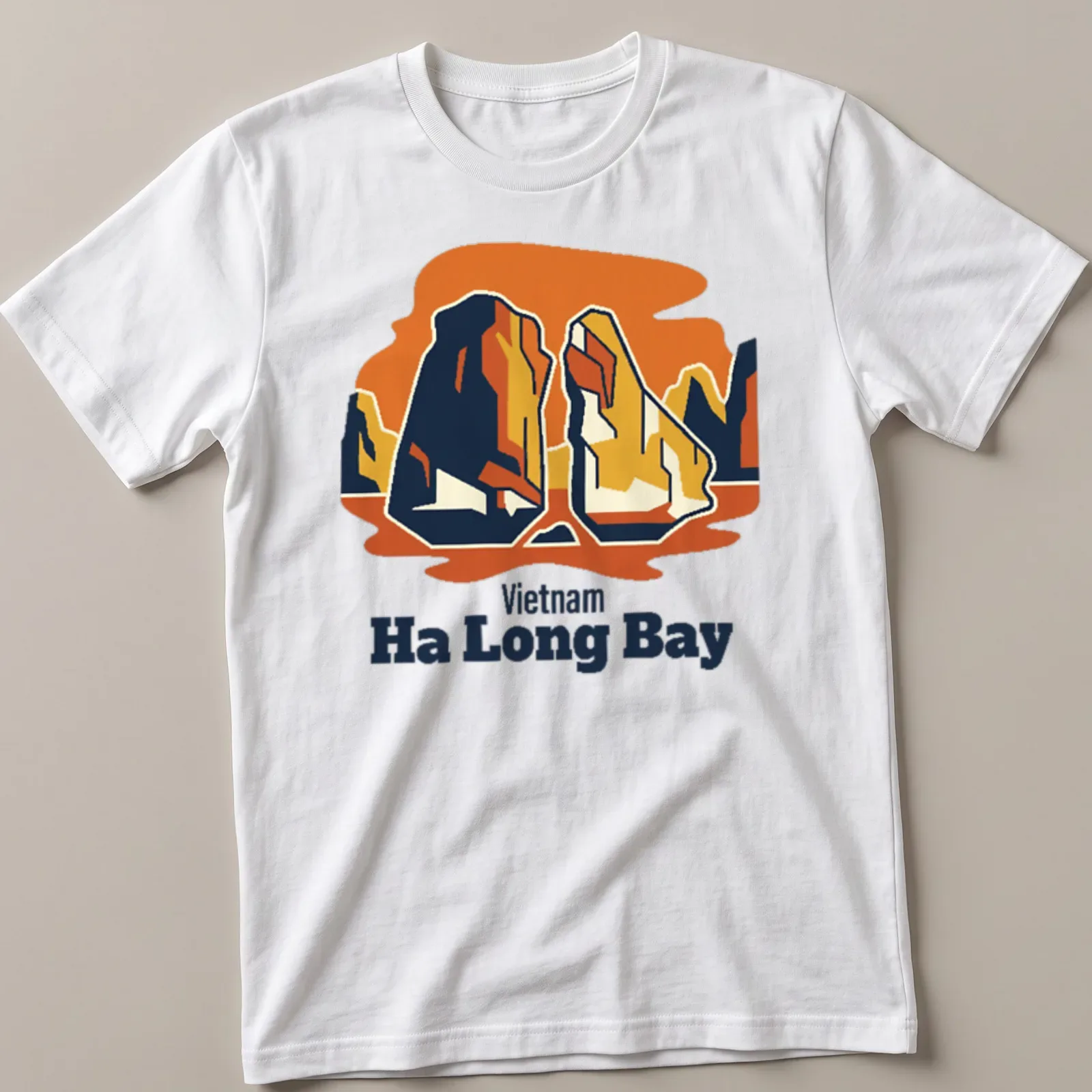 Retro print of limestone islands with bold text for Vietnam Ha Long Bay — printed on a unisex t-shirt