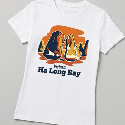 Retro print of limestone islands with bold text for Vietnam Ha Long Bay — printed on a women's shirt